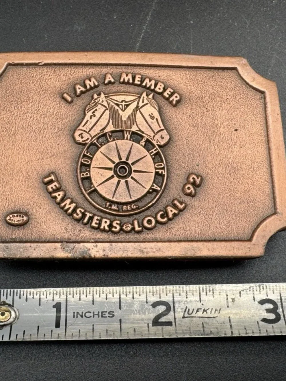 Vintage Teamsters Local 92 (Canton OH) Belt Buckle Copper Color Horses Hit Line